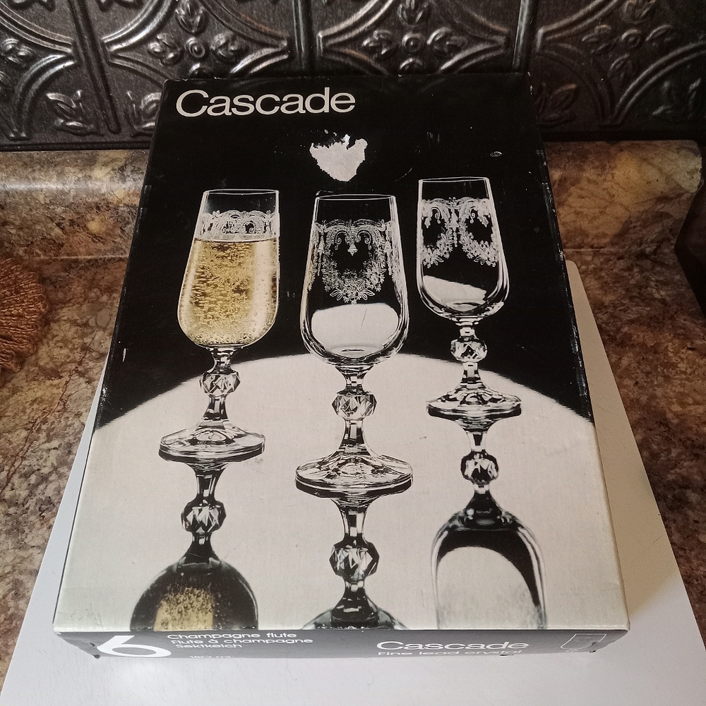Cascade Bohemian Etched Ball Stem Crystal Champagne Flute  Set Of 6 In Box